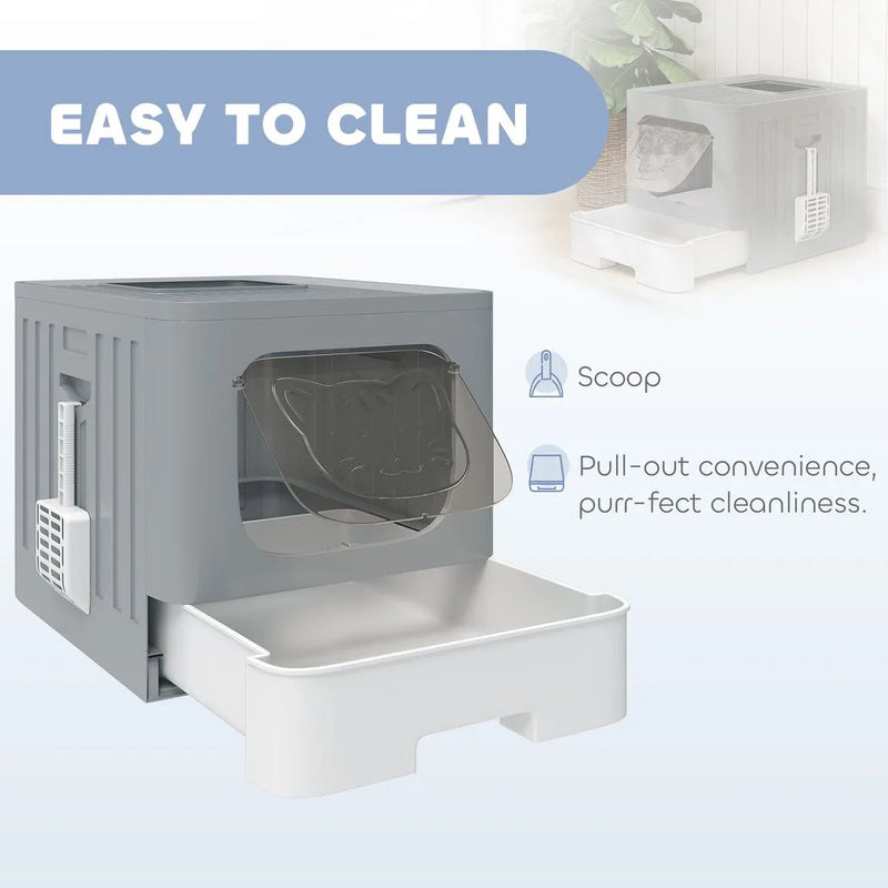 PawHut Cat Litter Box with Lid, Slide-Out Drawer, Scoop, Easy Clean, Odour Control, Anti-Splashing, Grey