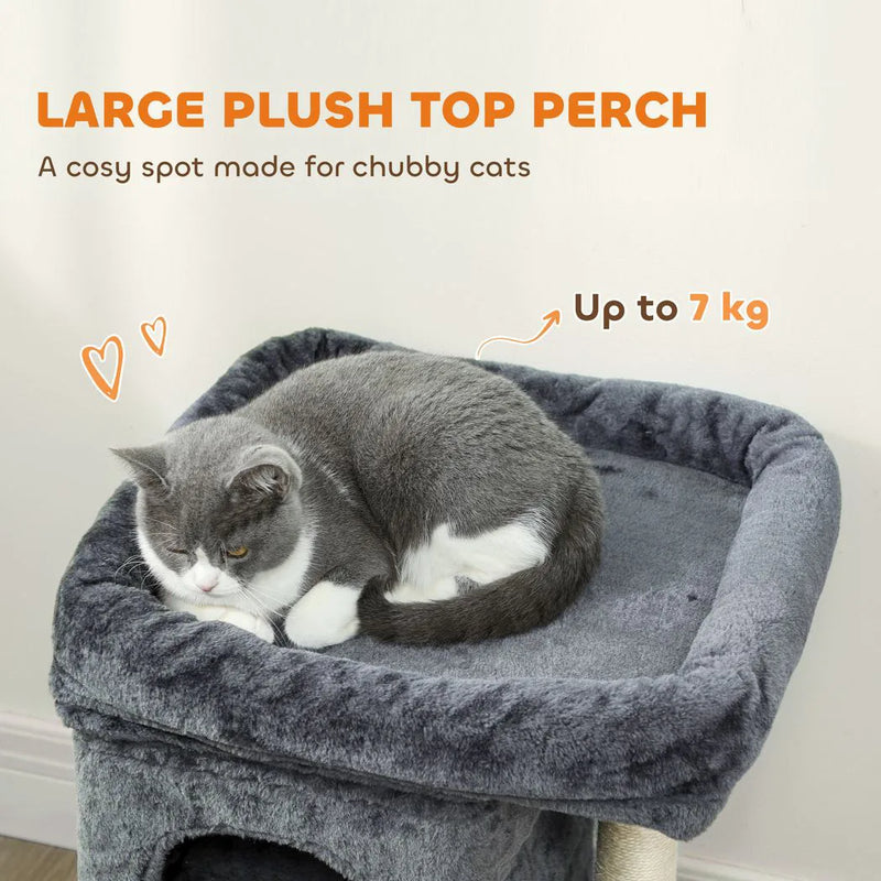 PawHut 66 cm Small Cat Tree for Large Cats, Cat Tower w/ Large Top Perch, 2 Condos, Sisal Scratching Post, Toy Ball, Dark Grey