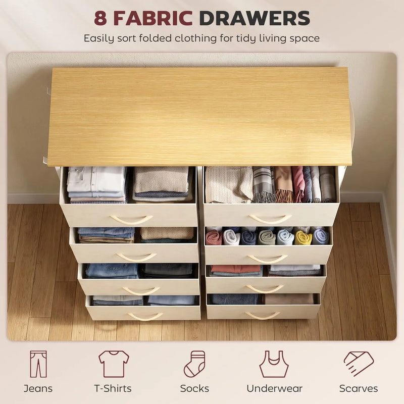 HOMCOM Chest of Drawers, Dresser with 8 Fabric Drawers, Tall Storage Unit with 4 Pockets and 2 Hooks Steel Frame, Beige