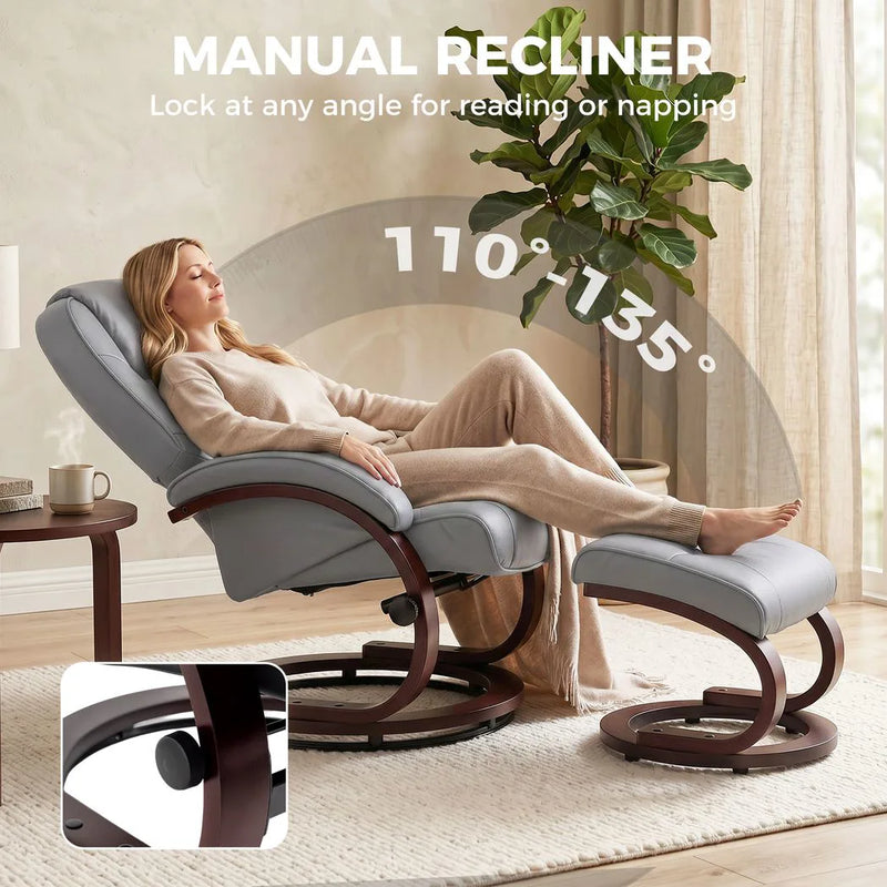 HOMCOM Swivel Recliner Chair with Footstool, PU Leather Recliner Armchair with Adjustable Back and Wood Frame, Grey