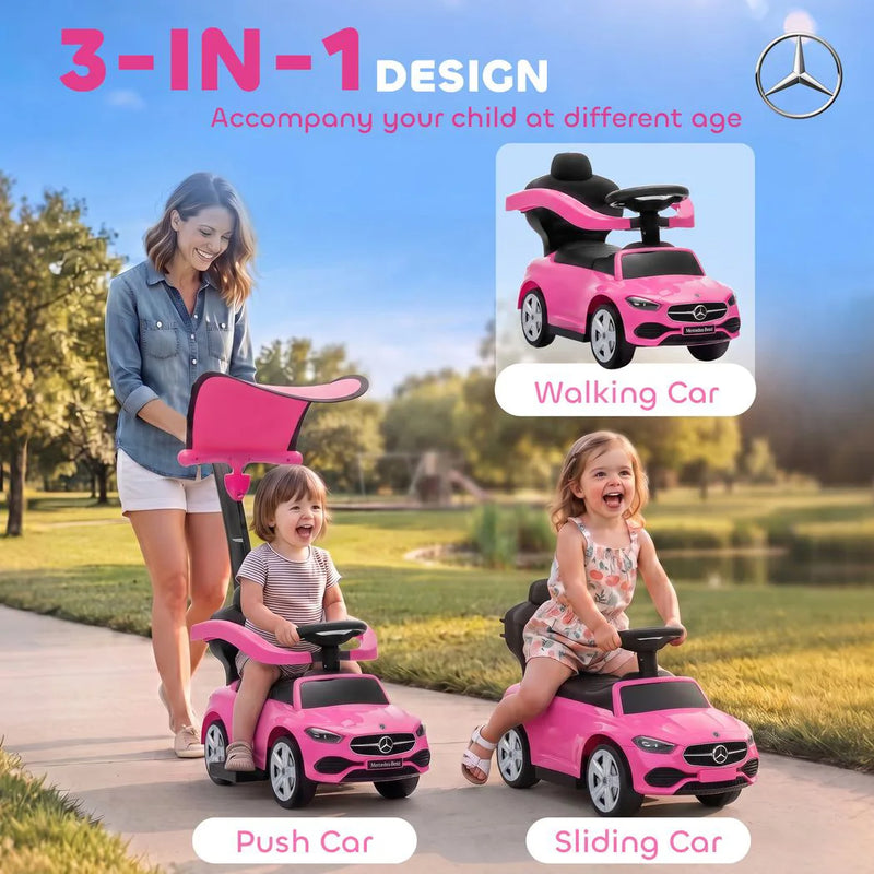 AIYAPLAY 4 in 1 Licensed Benz Ride on Push Car with Handle, Canopy, Guardrails, Horn, Music, Storage for 12-36 Months, Pink