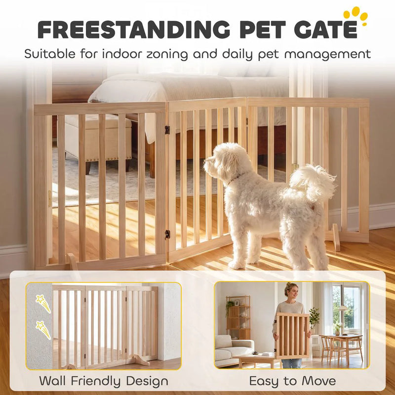 PawHut Wooden Dog Gate, 3-Panel Freestanding Pet Gates Indoor with 2 Support Feet and 360° Flexible Hinges, Natural