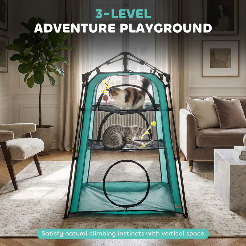 PawHut Cat Tent, 3-Tier Portable Pet Tent for Indoor Outdoor, Cat House with Multi-Door, Carry Bag, Breathable Mesh