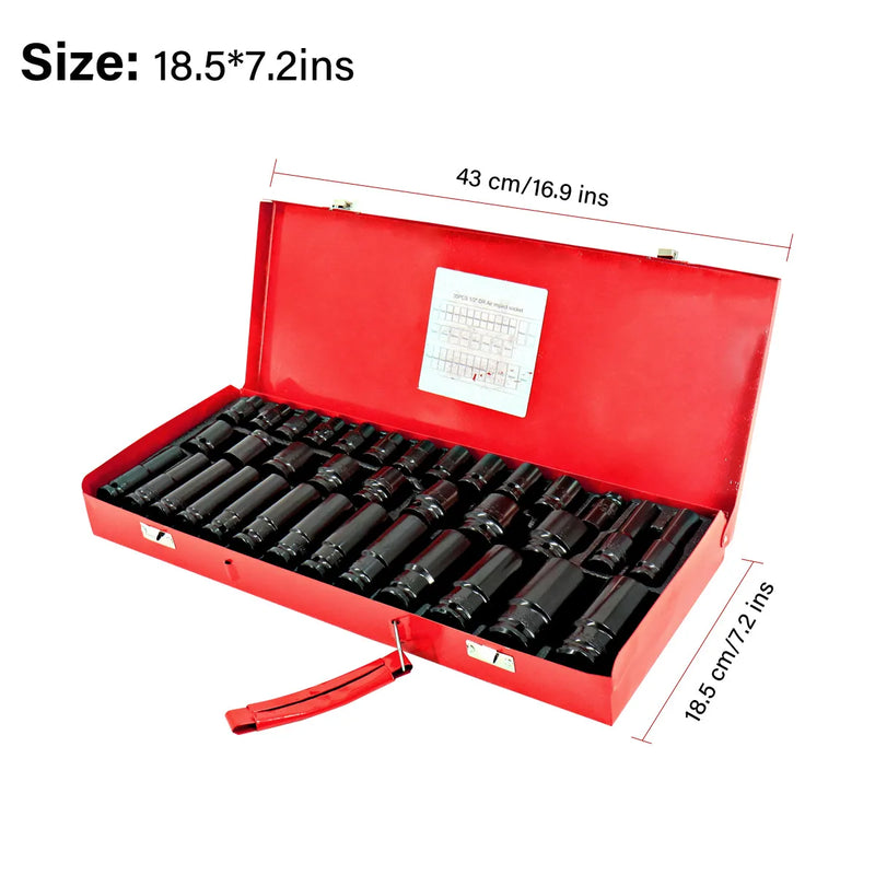 35PCS 1/2" 8-32mm Metric Drive Deep Impact Socket Tool Set Garage Chrome Steel