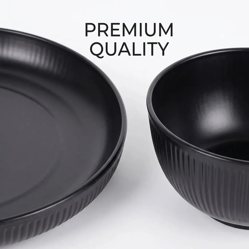 18PCS Round Dinner Set Wheat Straw Dining Plate Bowl Mug Unbreakable Dinnerware-Black