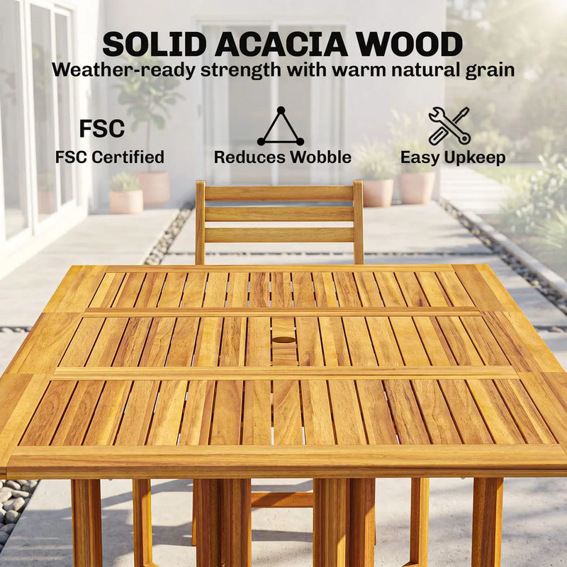 Outsunny 7 Pieces Garden Dining Set, Extending Dining Table and 6 Folding Chairs with Umbrella Hole for Patio, Natural Wood