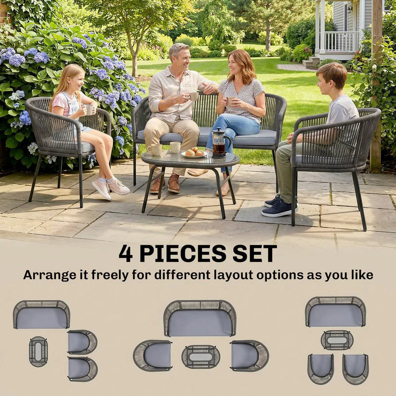 Outsunny 4 Piece Garden Furniture Set, Rope Garden Sofa Set with 1 Loveseat 2 Chairs Tempered Glass Table Cushions, Dark Grey