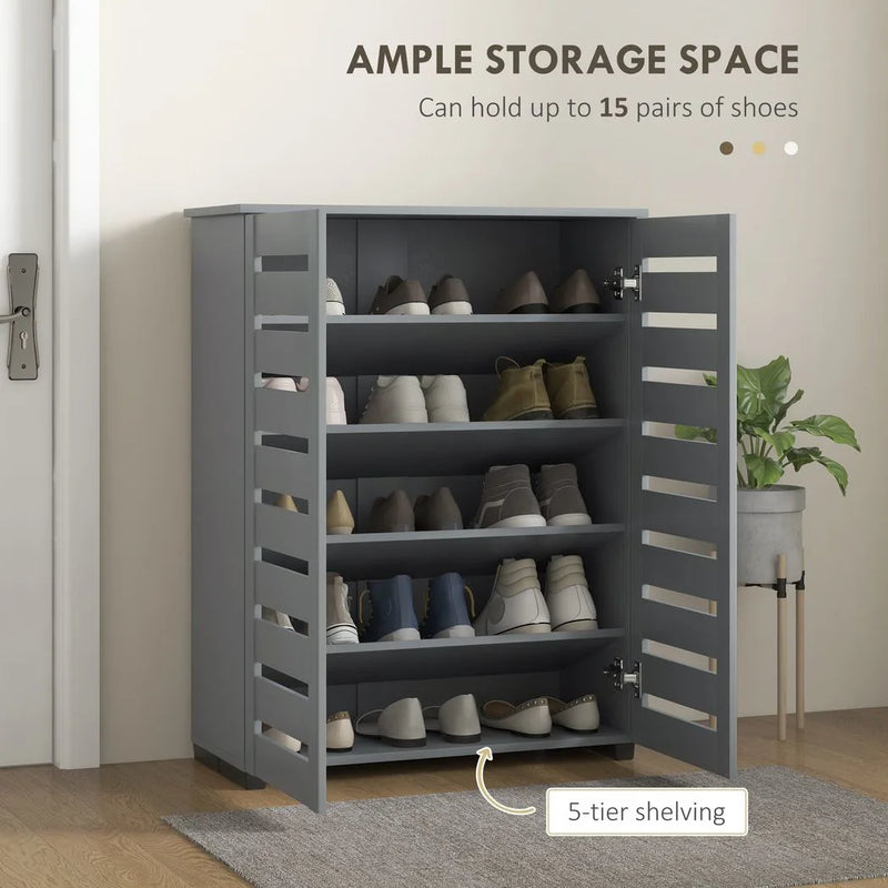 HOMCOM Narrow Shoe Cabinet for Entryway, 5-Tier Slim Shoe Storage Cabinet with 2 Slatted Doors and Adjustable Shelves Grey