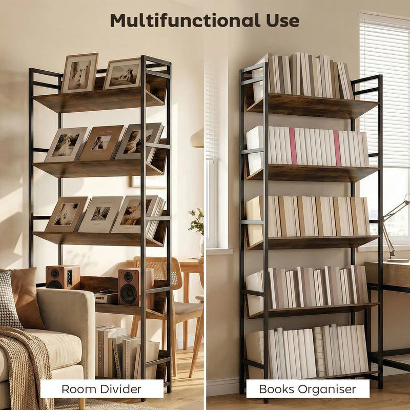 HOMCOM Bookshelf 5-Tier Metal Frame Room Divider Bookcase Storage Shelves for Living Room Rustic Brown
