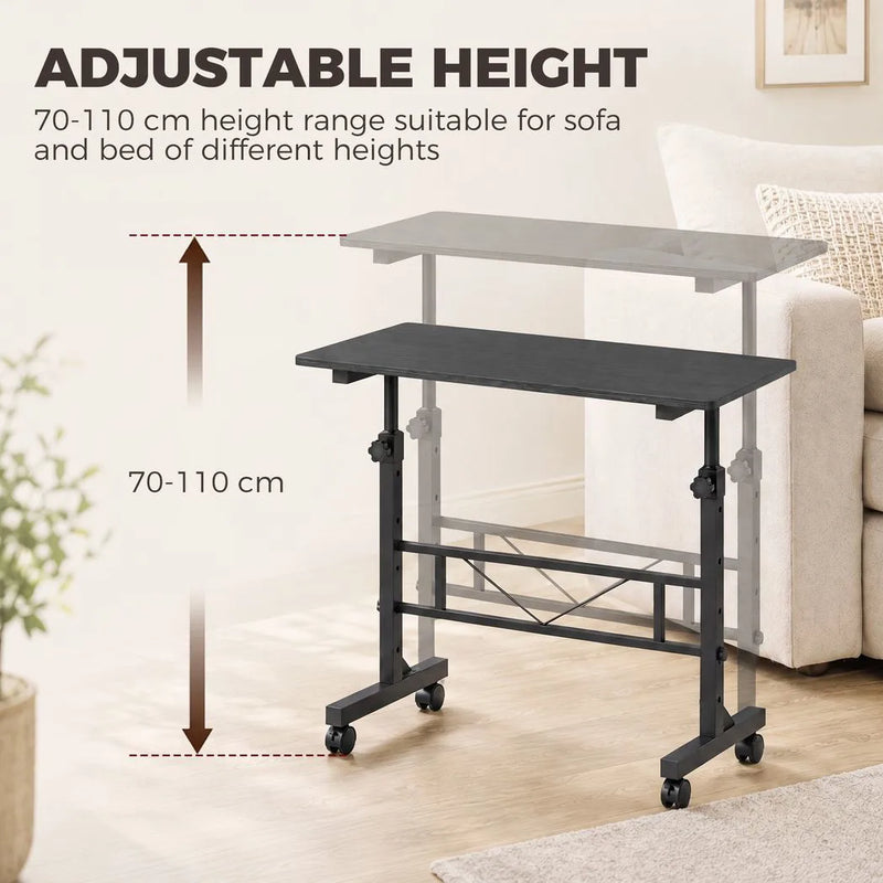 HOMCOM Overbed Table Adjustable Height Sofa Side Table with Wheels 80 x 40 cm Black