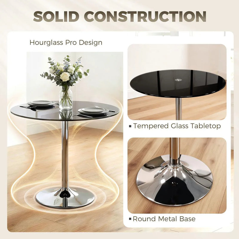 HOMCOM Round Bar Table, Modern Dining Table with Tempered Glass Top and Steel Frame for 4, 70 x 70 x 75.5cm, Black