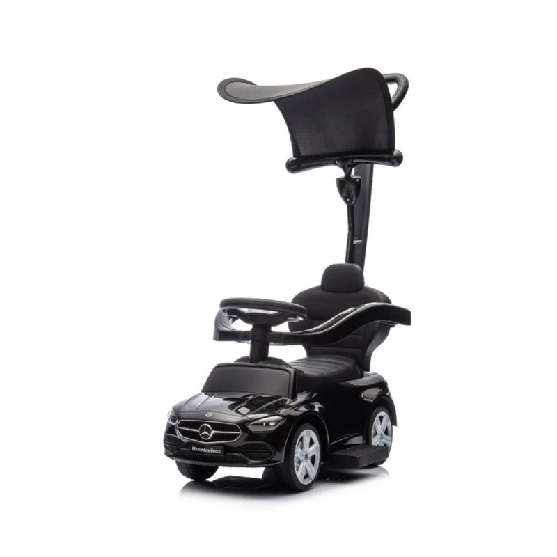 AIYAPLAY 4 in 1 Licensed Benz Ride on Push Car with Handle, Canopy, Guardrails, Horn, Music, Storage for 12-36 Months, Black