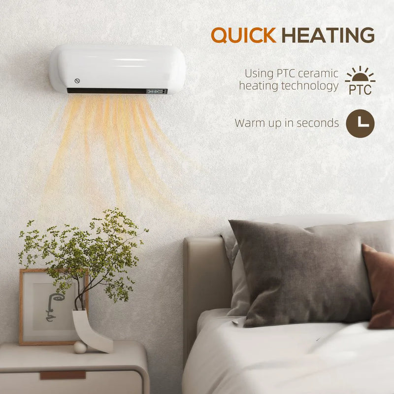 HOMCOM 2000W Ceramic Electric Heater with Fan, Adjustable Thermostat, Wall Mounted - White