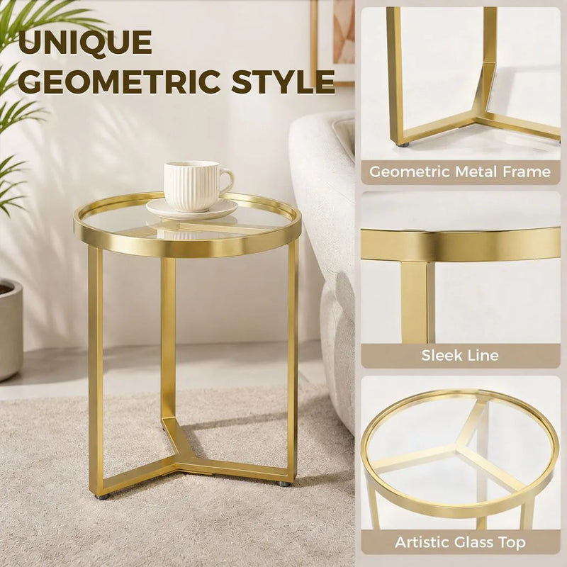 HOMCOM Round Side Table with Tempered Glass Top and Geometric Metal Frame for Small Space, Gold Tone