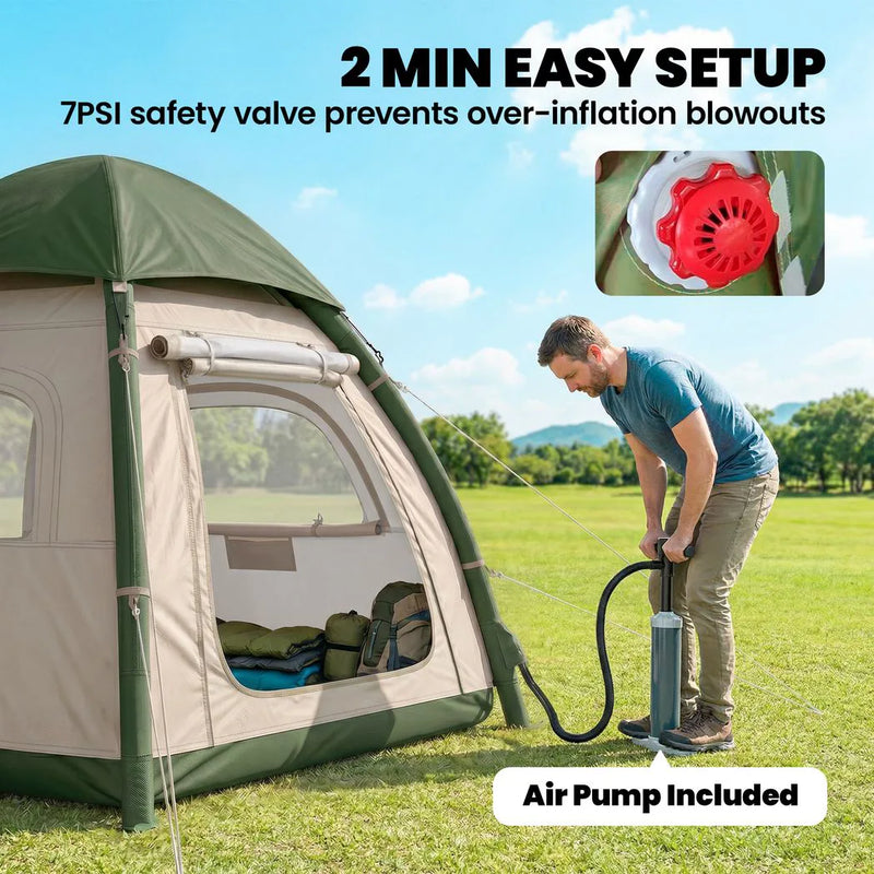 Outsunny Inflatable Camping Tent with Rainfly, 2-3 Man Air Tent 3000mm Waterproof Blow Up Tents, Beige