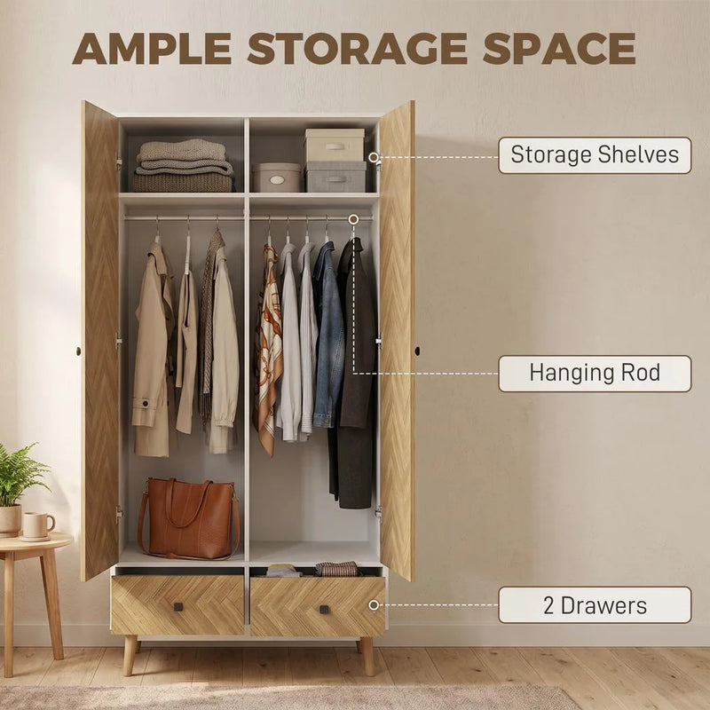 HOMCOM Cabinet Wood-Effect Sticker Surface, Modern Wardrobe with 2 Hanging Rods, 2 Storage Shelves and 2 Drawers, White