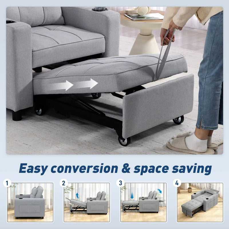 HOMCOM 3-in-1 Single Sofa Bed, Convertible Sleeper Chair Bed - Light Grey