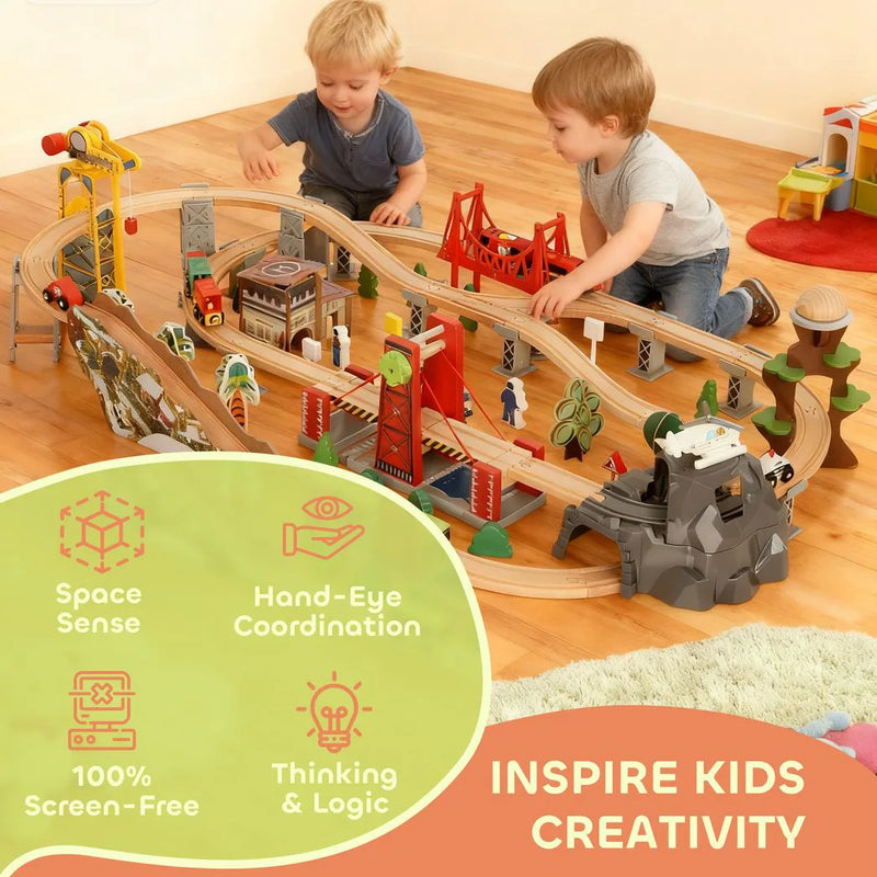 AIYAPLAY 100 Piece Wooden Train Set for Kids 3 Years with Track, Crane, Battery Operated Train