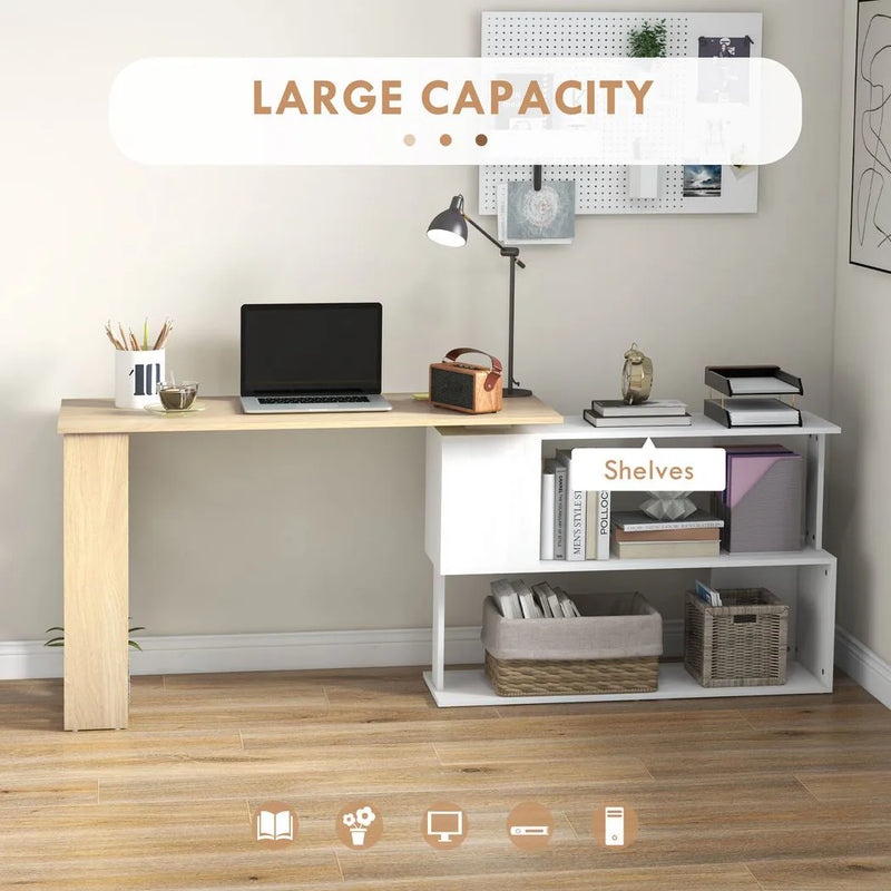 HOMCOM Corner Computer Desk, L Shaped Desk with 360° Rotating Bookshelf, 120L x 110W x 74.5H cm, Natural and White