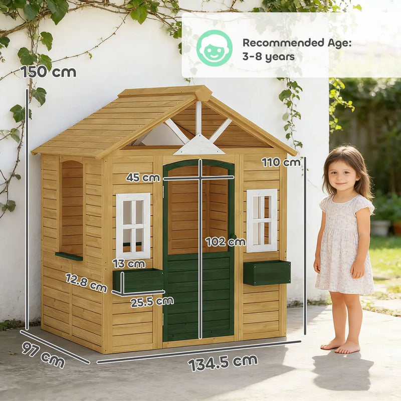 AIYAPLAY Outdoor Kids Playhouse, Wooden Wendy House with Door, 3 Windows, 2 Flower Boxes for Garden, Indoor Playroom