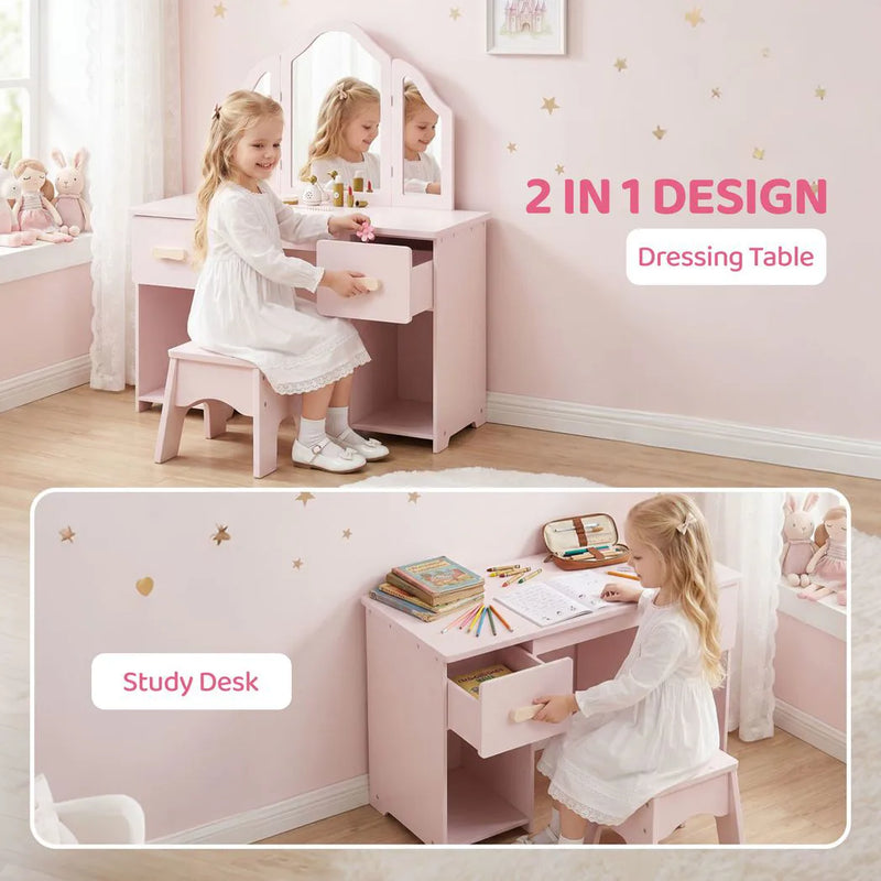 AIYAPLAY Kids Dressing Table, Kids Vanity Table and Chair Set with Tri-Folding Mirror, 2 Drawers, 2 Cabinets for Girls 3, Pink