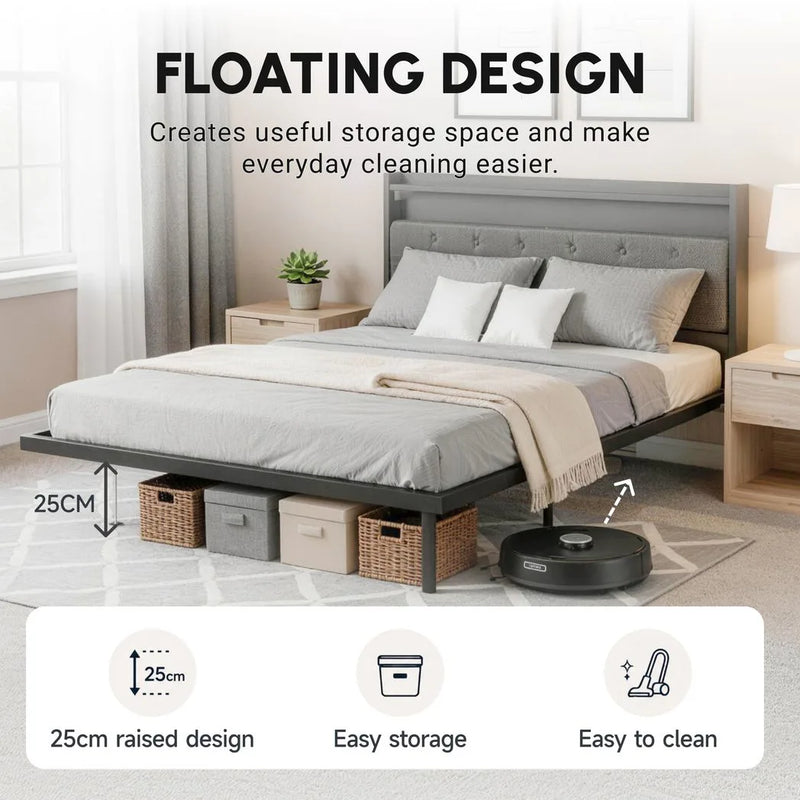HOMCOM Floating Bed Frame, Upholstered 5ft King Size Bed, Platform Bed with RGB LED Lights and Charging Station, Grey