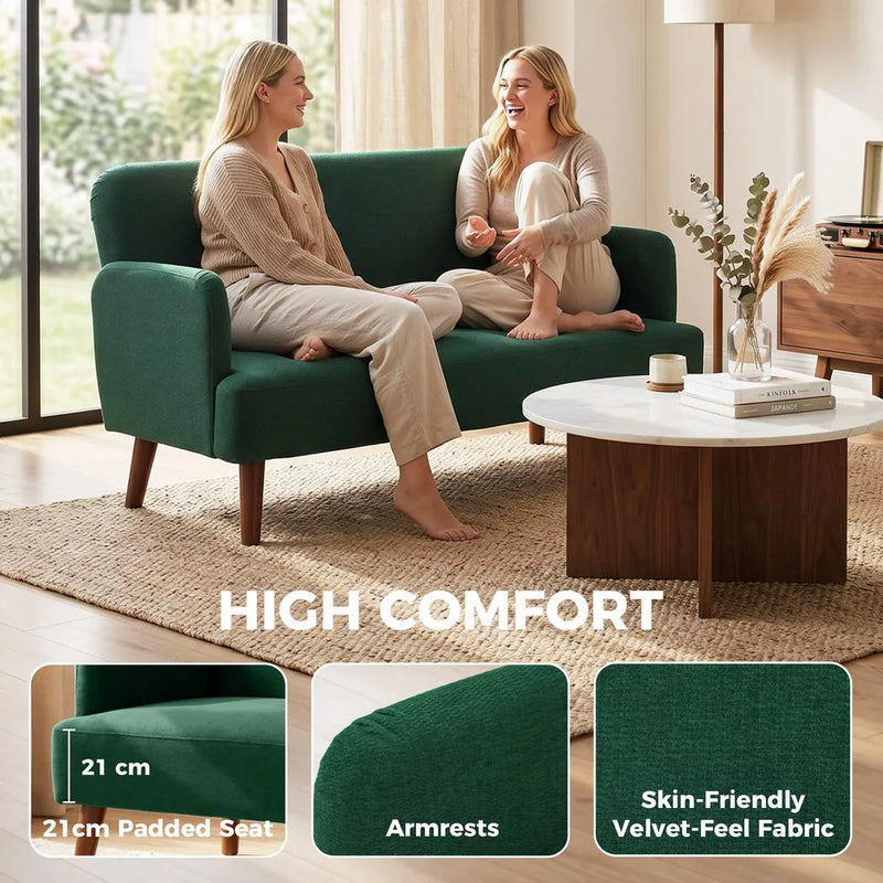 HOMCOM Velvet Feel Fabric 2 Seater Sofa, Small Sofa Loveseat with 21cm Thick Padding and Wood Legs, Dark Green