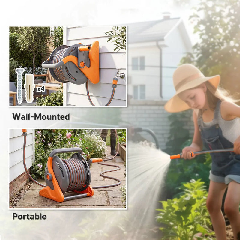 Outsunny Portable Garden Hose Reel, 20 m Wall Mounted Hose Reel with 2 Patterns Spray Nozzle and Crank Handle, Orange