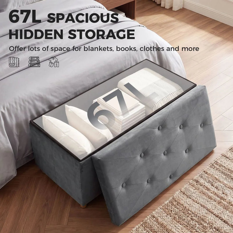 HOMCOM Velvet Upholstered Foldable Ottoman Footrest, Storage Ottoman Bench with Wood Legs for Living Room, Grey