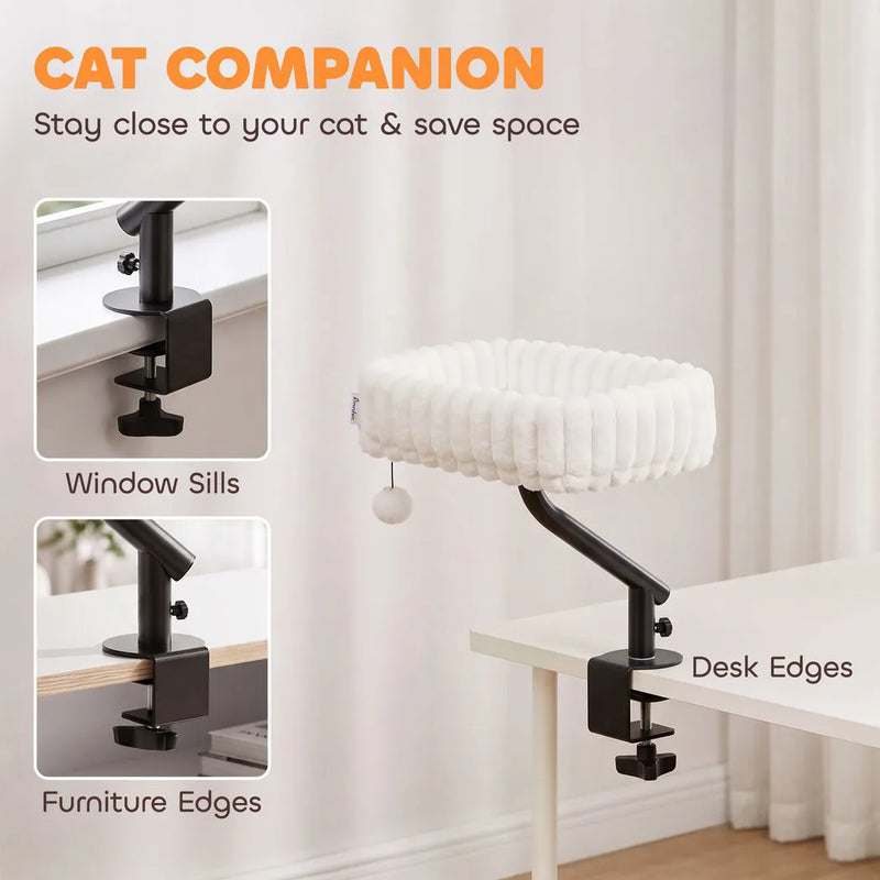 PawHut Cat Desk Bed, Rotatable Raised Cat House for Desk, Window, Soft Kitten Hammock with Hanging Ball, White