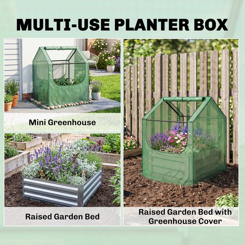 Outsunny 61 x 61cm Garden Planter Bed, with Cover - Green and Silver