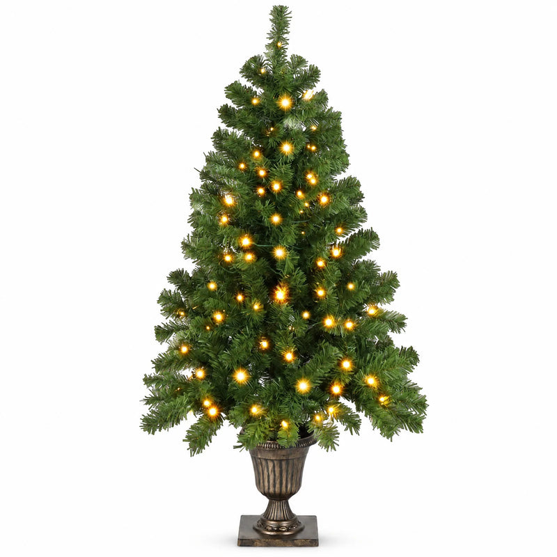 4 FT Pre-lit Artificial Christmas Tree with Trophy Shaped Base, Potted Xmas Tree with 120 Warm Lights, 211 Branch Tips and Remote Control for Holiday Party Office Home, Green