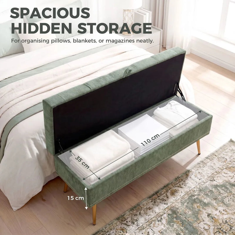 HOMCOM Storage Ottoman, Chenille Upholstered Ottoman Storage Box with Padded Seat, Metal Legs, 114 x 41 x 45 cm, Light Green