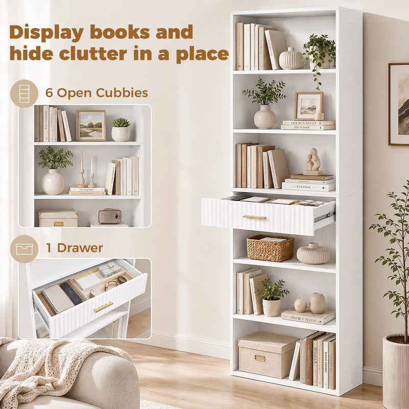 HOMCOM Bookcase Narrow Tall Space-Saving Bookshelf Drawer Open Shelves 60 x 24 x 182 cm White