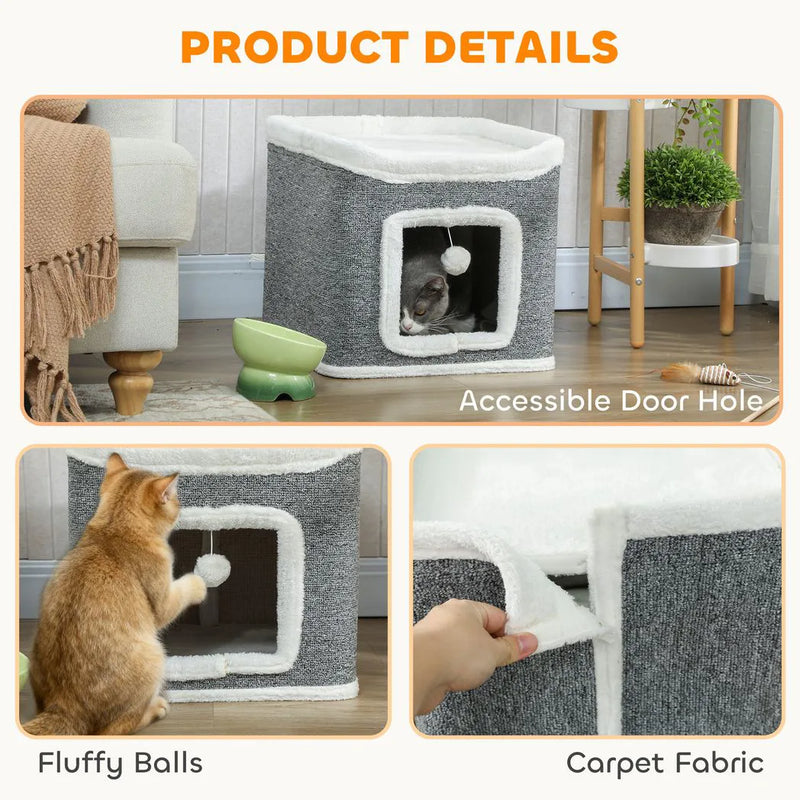 PawHut Cat House for Indoor Kittens, 2-Level Cat Cave Bed with Fluffy Balls, Top Bed, Kitten Barrel for Multi Kitties, Grey