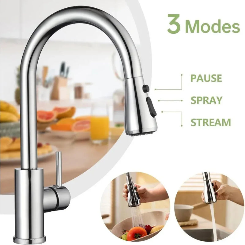 360° Kitchen Sink Mixer Taps Pull Out Spout Spray Single Lever Modern Mono Tap-silver
