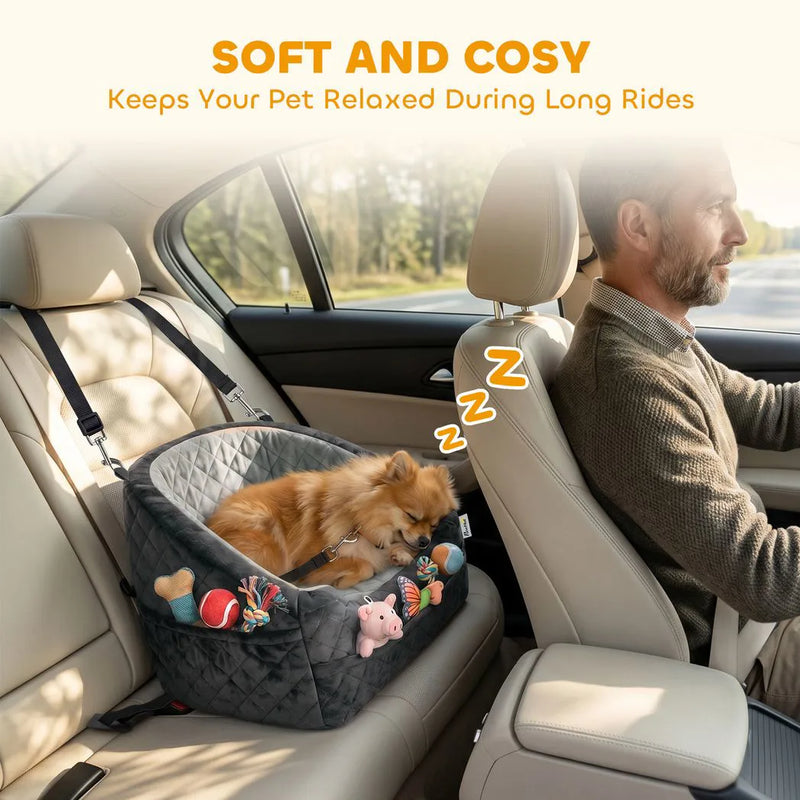 PawHut Dog Car Seat, Detachable Washable Dog Booster Seat with Thick Cushion, Seat Belt, Pockets for Small Under 10kg, Grey