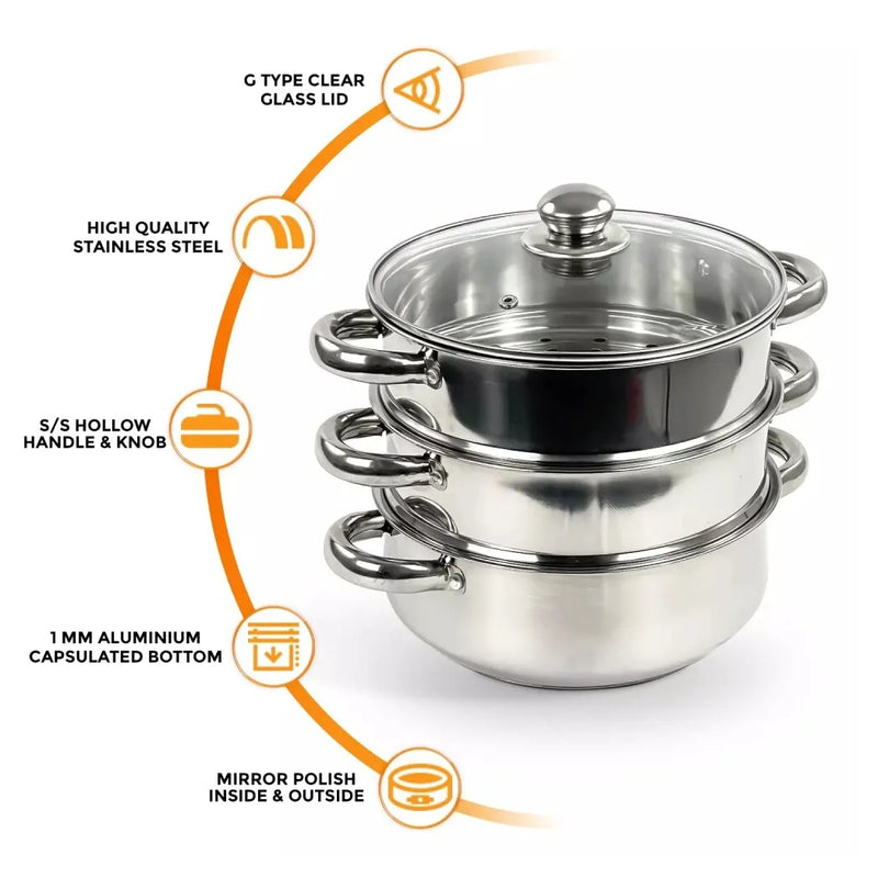 LARGE 28cm 3 Tier Stainless Steel Steam Cooker Steamer Pan Cook Food Veg Pot lid