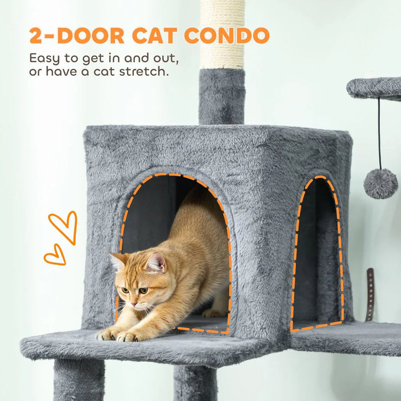 PawHut 202cm Large Cat Tree with 6 Scratching Posts, 2 Hammocks, 2 Condos, 2 Perches, Pompoms, for Indoor Cats to Rest and Play