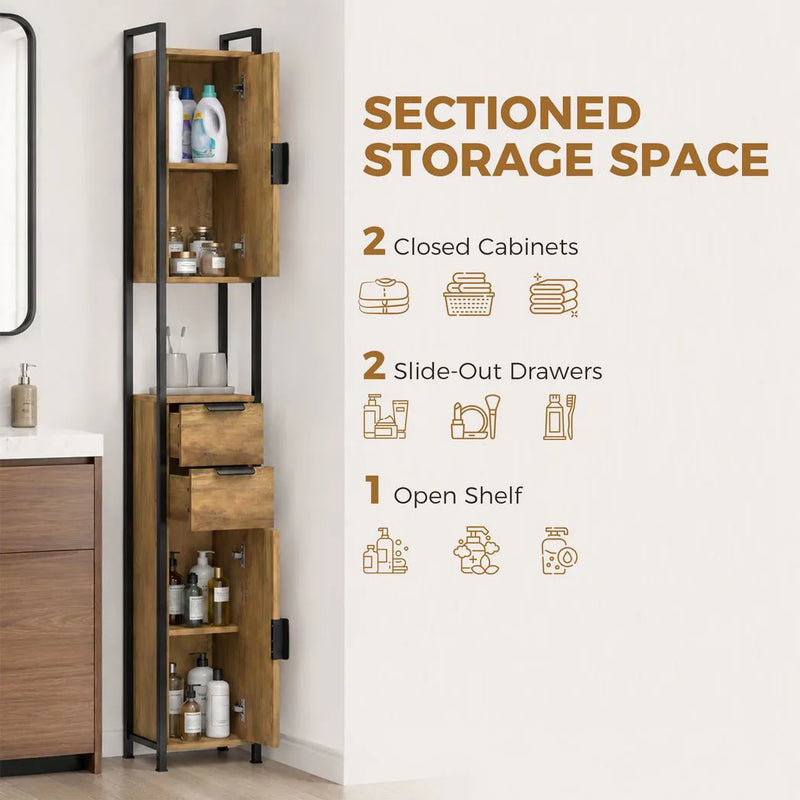 HOMCOM Freestanding Bathroom Cabinet, Tall Bathroom Storage Cabinet with Drawers and Shelves, Linen Storage, Brown