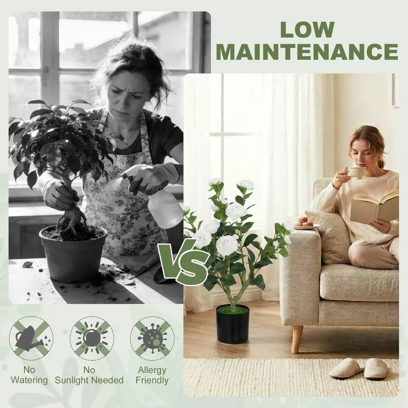 HOMCOM 65cm Artificial Camellia Flower Plant in Pot with 116 Lush Leaves & Moss Effect, White