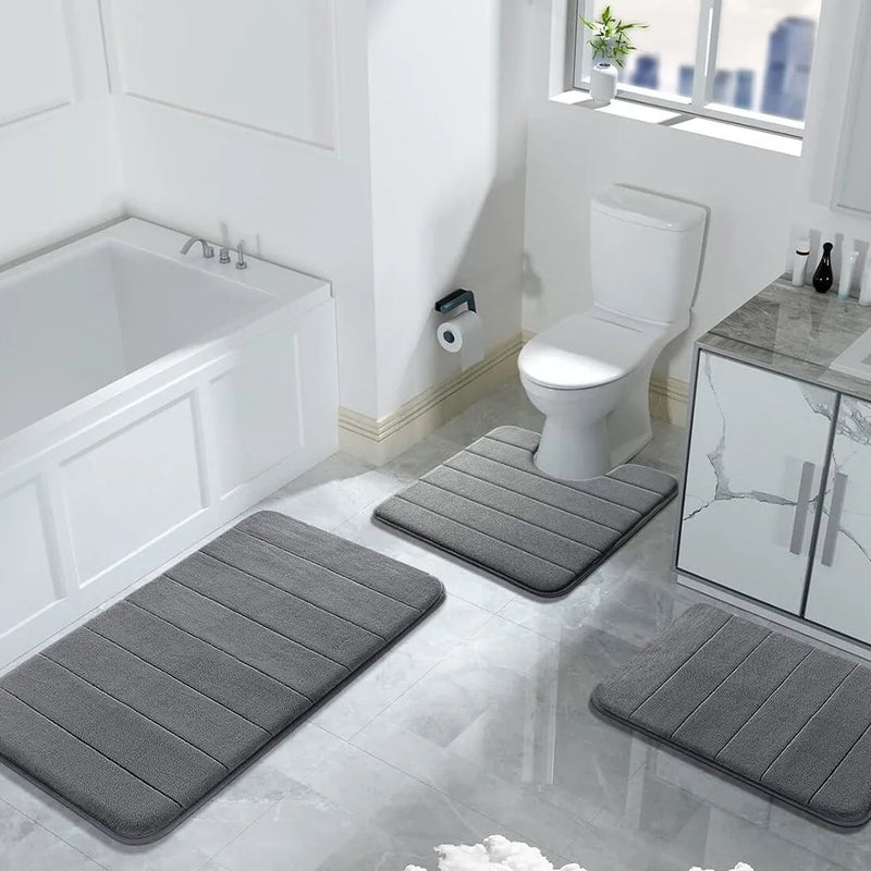 MEMORY FOAM BATH MAT PEDESTAL SET NON SLIP TOILET BATHROOM CONTOUR RUGS 3 PIECE-Black
