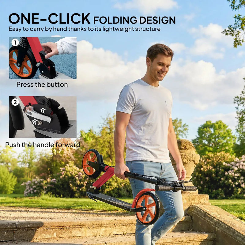 HOMCOM One-click Folding Kick Scooter for 14 w/ Adjustable Handlebar, Push Scooter with Kickstand, Dual Brake System, Red