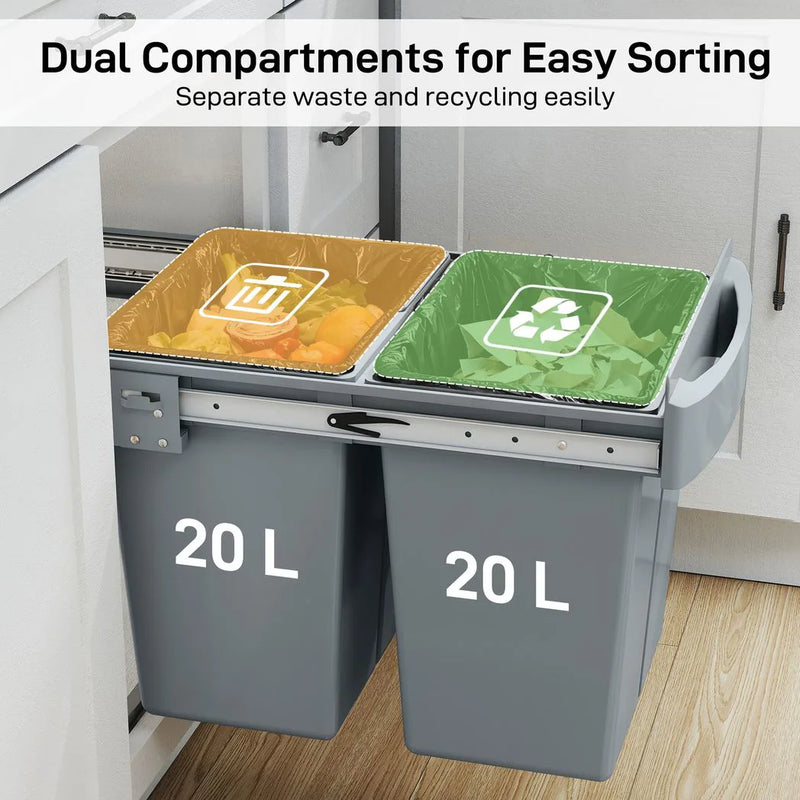 HOMCOM Pull Out Bin, Kitchen Under Sink Bin with 2 Removable Compartments, Smooth Glide, Grey