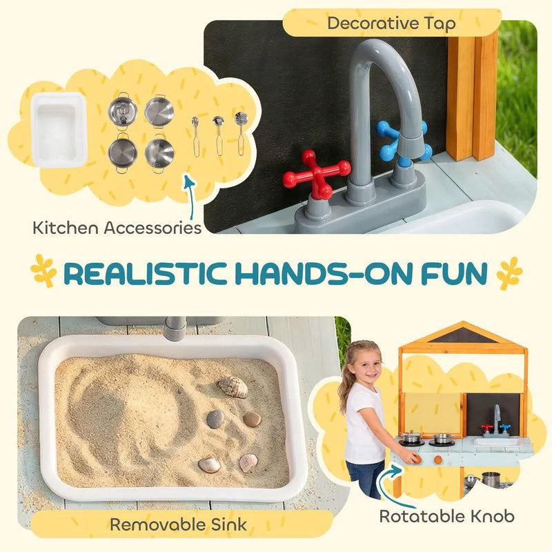 AIYAPLAY Mud Kitchen for Kids, Outdoor Wooden Play Kitchen with Sink, Stove, Cookware, Shelves, Pretend Play Toy for Ages 3-8