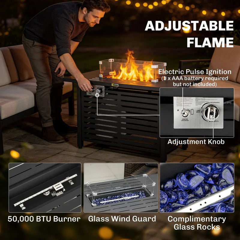Outsunny Propane Gas Fire Pit Table, Outdoor Firepit with 43" Steel Tabletop and Lid, 50,000 BTU Pulse Ignition Fire Table w/ Stainless Steel Burner, Glass Wind Guard, and Cover