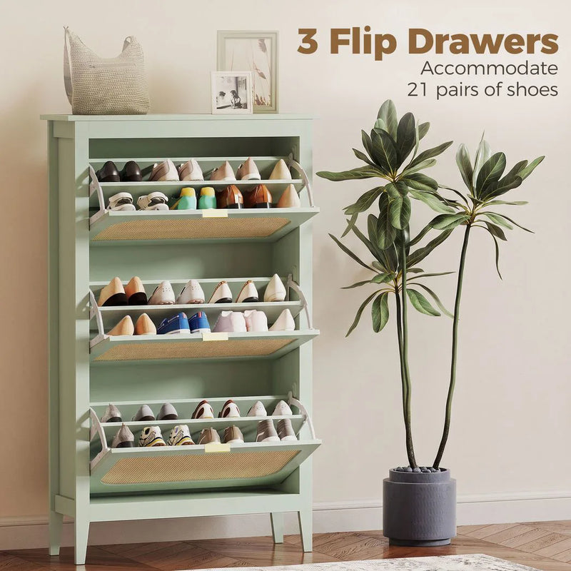 HOMCOM Narrow Shoe Cabinet, Boho Slim Shoe Storage Cabinet with 3 Flip Drawers, Holds 21 Pairs, Light Green
