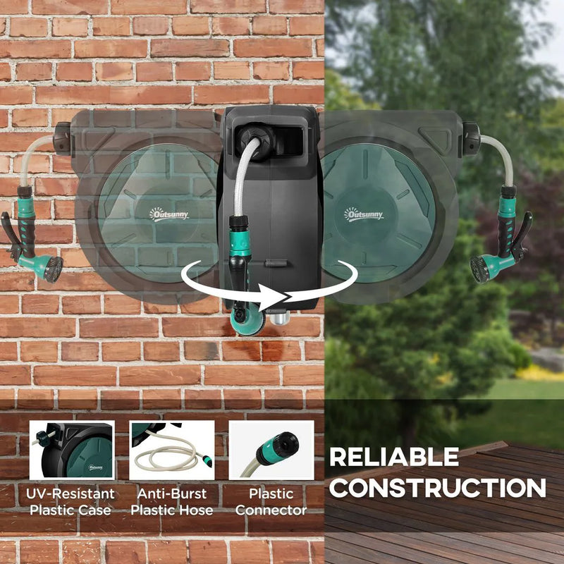 Outsunny Retractable Hose Reel Wall Mounted, 30 Garden Hose Pipe Reel with Lock, Auto Rewind, 7 in 1 Spray Nozzle, Includes Wall Fixings, 180° Swivel, Outdoor Watering, 59 x 23 x 42 cm, Green