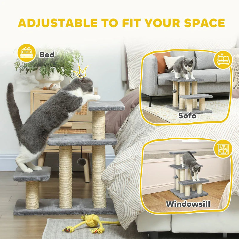PawHut Pet Steps for Bed, 3 Step Adjustable Pet Stairs for Sofa with 6 Sisal Scratching Posts for Small Dogs & Cats, Grey