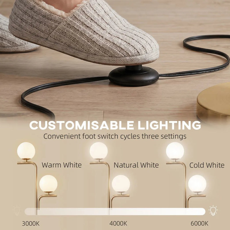 HOMCOM LED Floor Lamp, Modern Standing Lamp with 3 Colour Temperatures, Globe Glass Shades and Foot Switch, Gold Tone